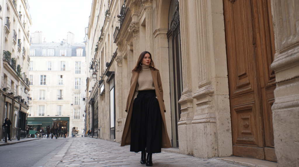 Femme portant des bottines avec une jupe longue en hiver